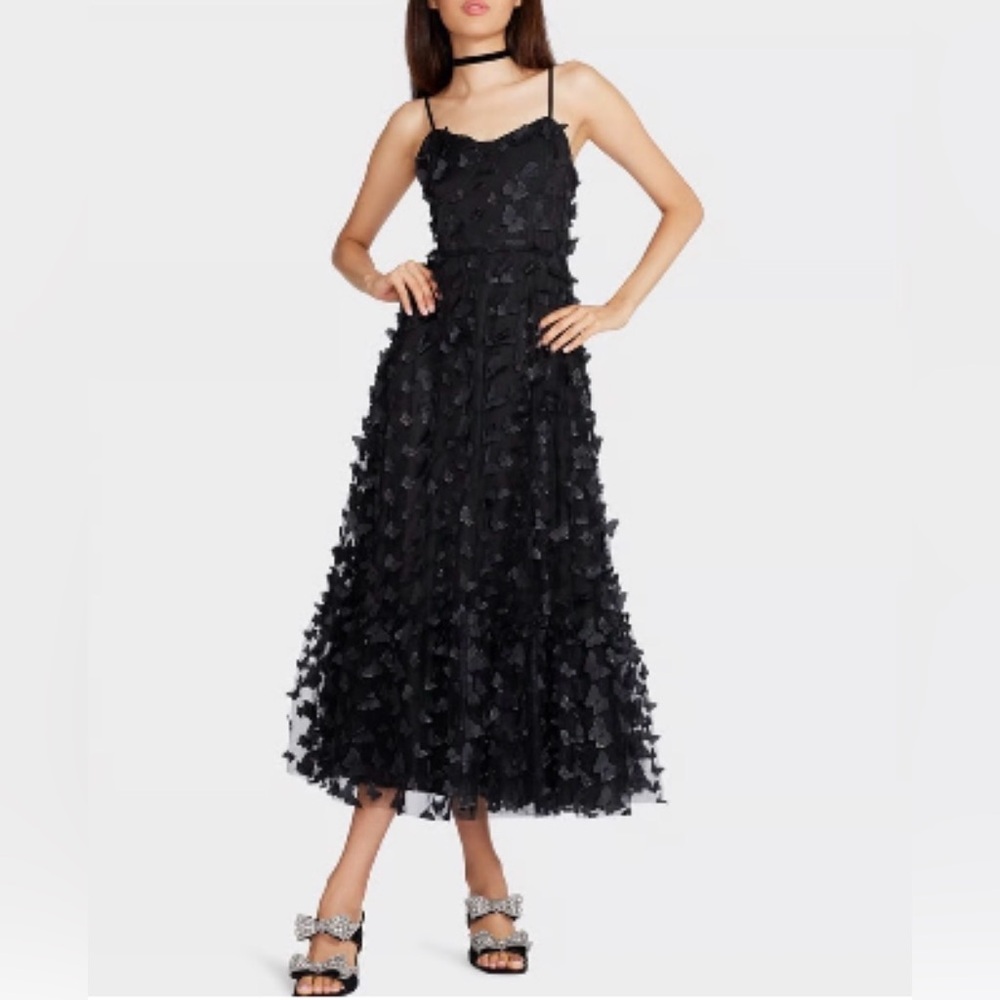 Betsey Johnson Black Textured 3D Butterfly Midi Dress. Size Medium